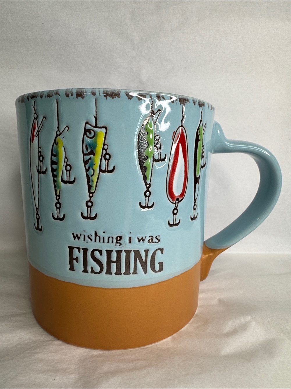 Wishing I Was Fishing Ceramic Mug - Blue and Brown - Picture 7 of 7